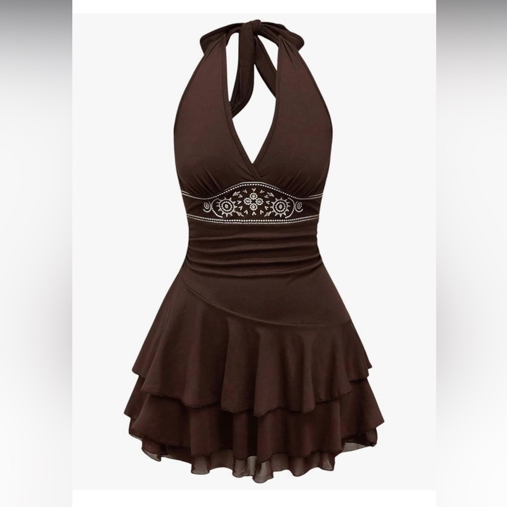 Brown Halter Dress with Embroidered Waist
